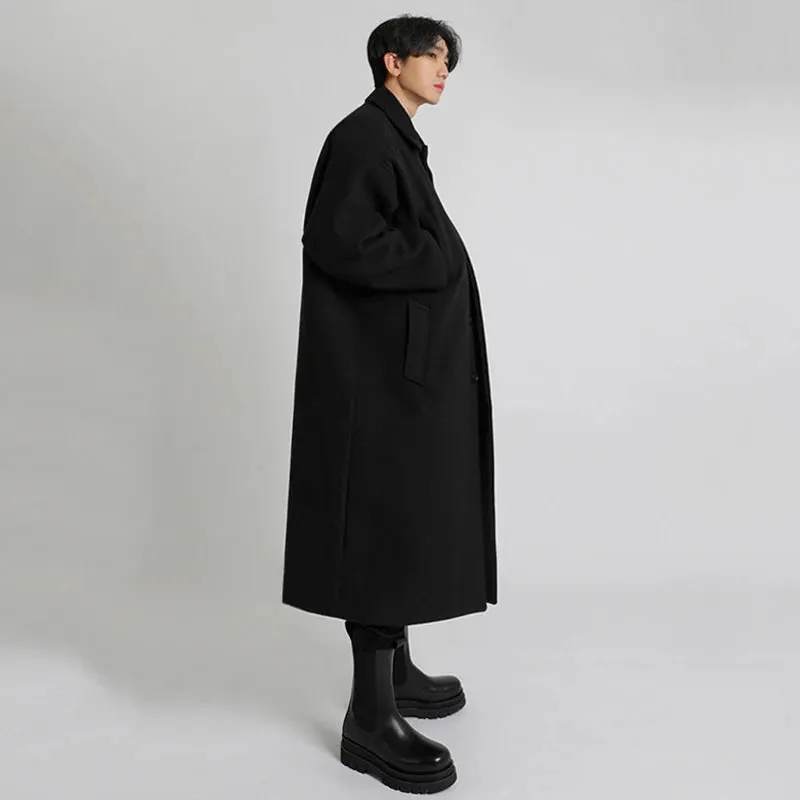 Male Woolen Coat Casual Knee Length Button Turn-down Collar Baggy Solid Color Trench Korean Version Stylish  9D1685