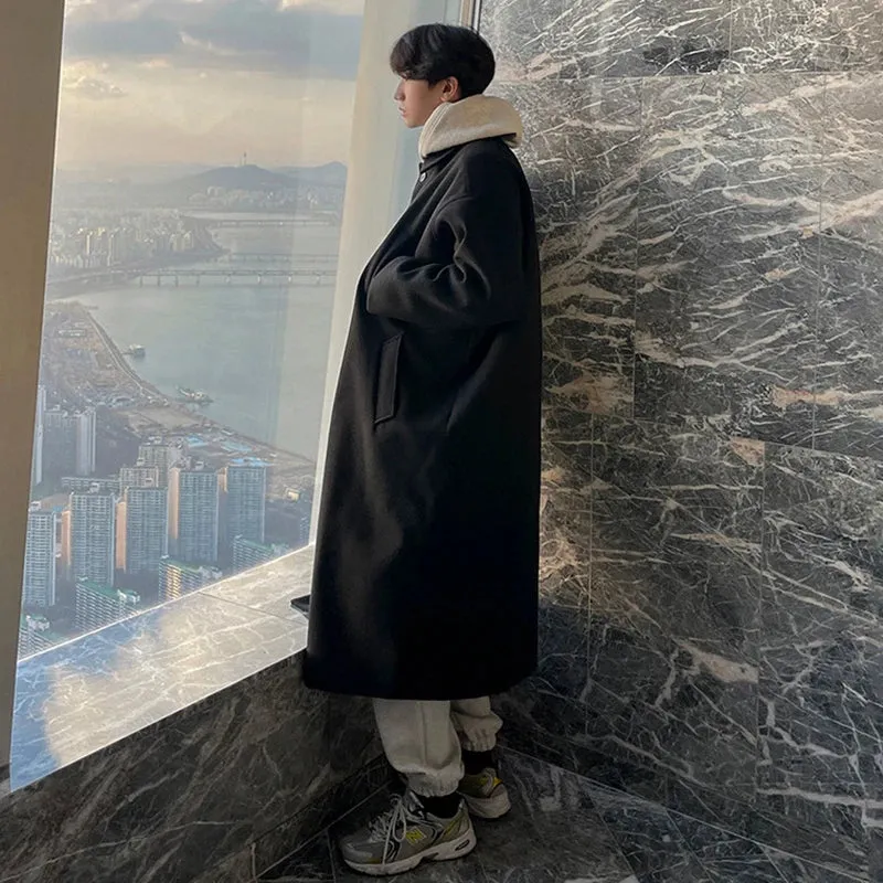 Male Woolen Coat Casual Knee Length Button Turn-down Collar Baggy Solid Color Trench Korean Version Stylish  9D1685