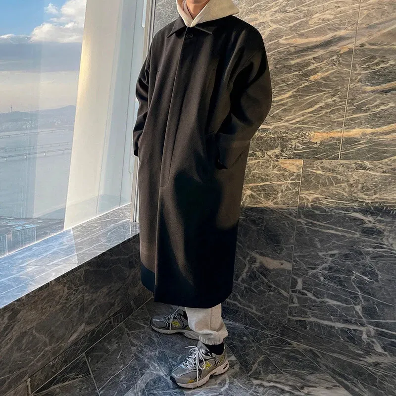 Male Woolen Coat Casual Knee Length Button Turn-down Collar Baggy Solid Color Trench Korean Version Stylish  9D1685