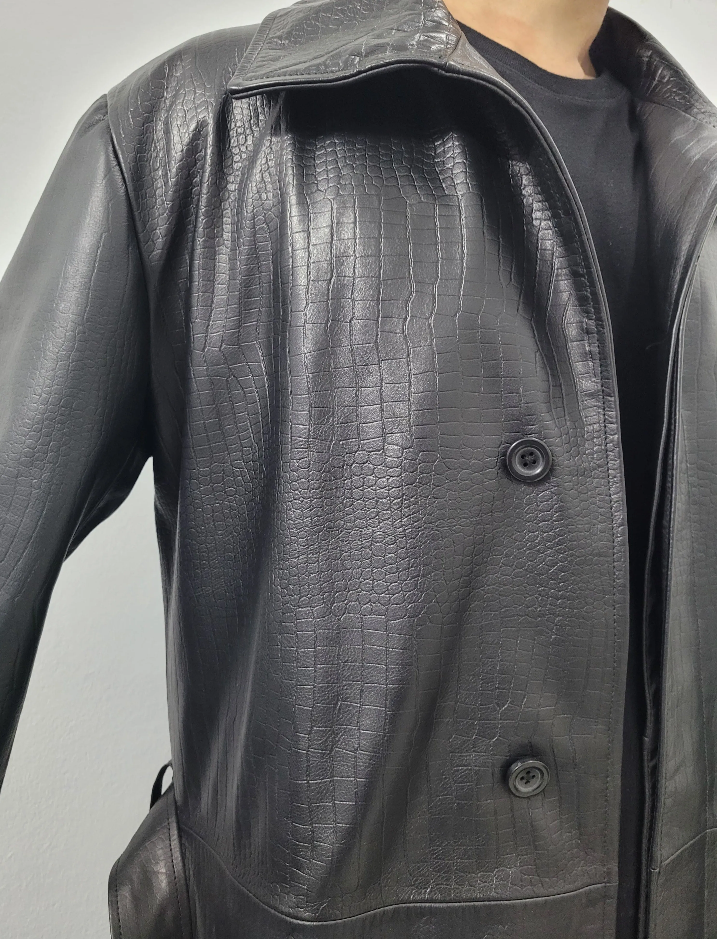 Men's Crocodile Embossed Black Genuine Leather Belted Coat