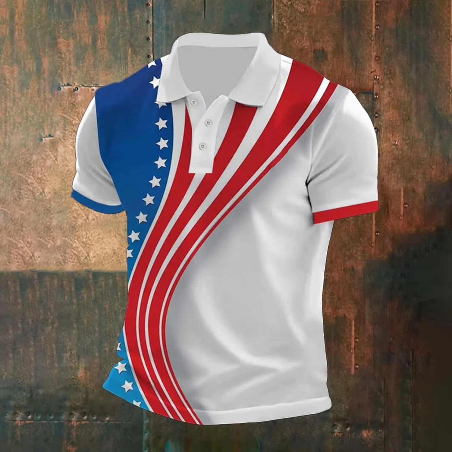 Mens Patriotic Polo Shirts Distressted USA Star Striped Golf Tshirts 4th of July Button Down Short Sleeve Clothes