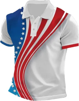 Mens Patriotic Polo Shirts Distressted USA Star Striped Golf Tshirts 4th of July Button Down Short Sleeve Clothes