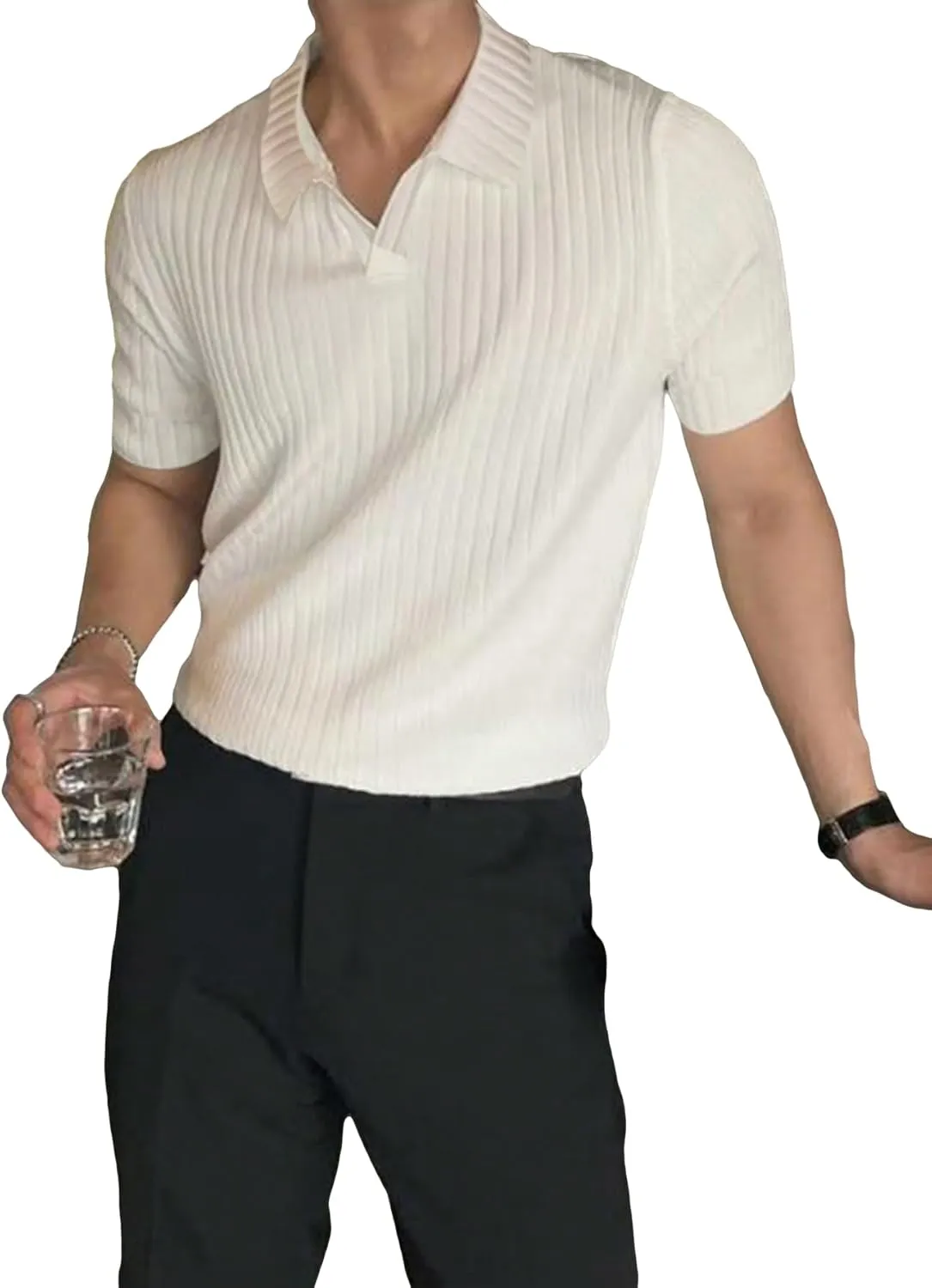 Men's Ribbed Knit Golf Shirt Collared V Neck Short Sleeve T Shirt Summer Tops