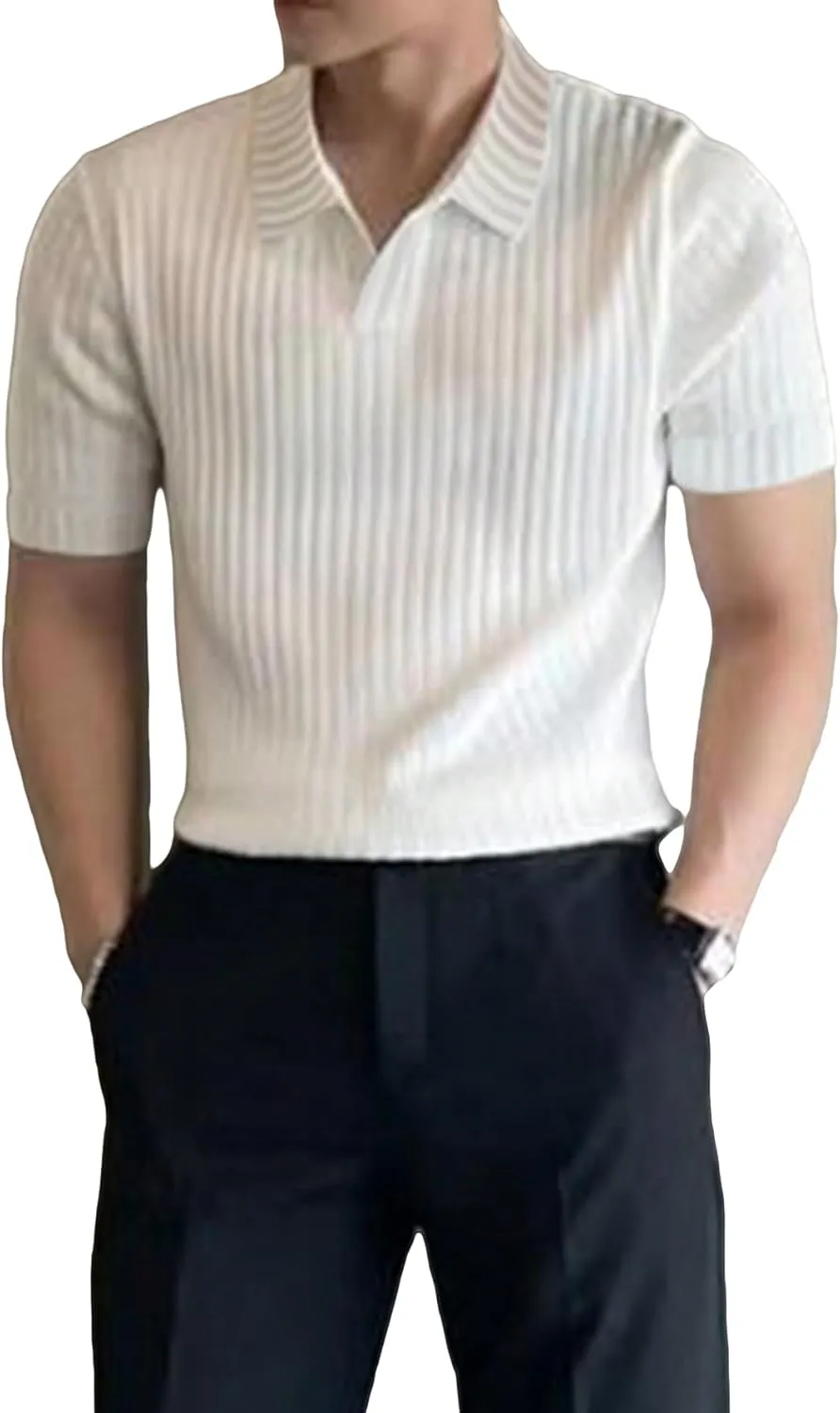 Men's Ribbed Knit Golf Shirt Collared V Neck Short Sleeve T Shirt Summer Tops