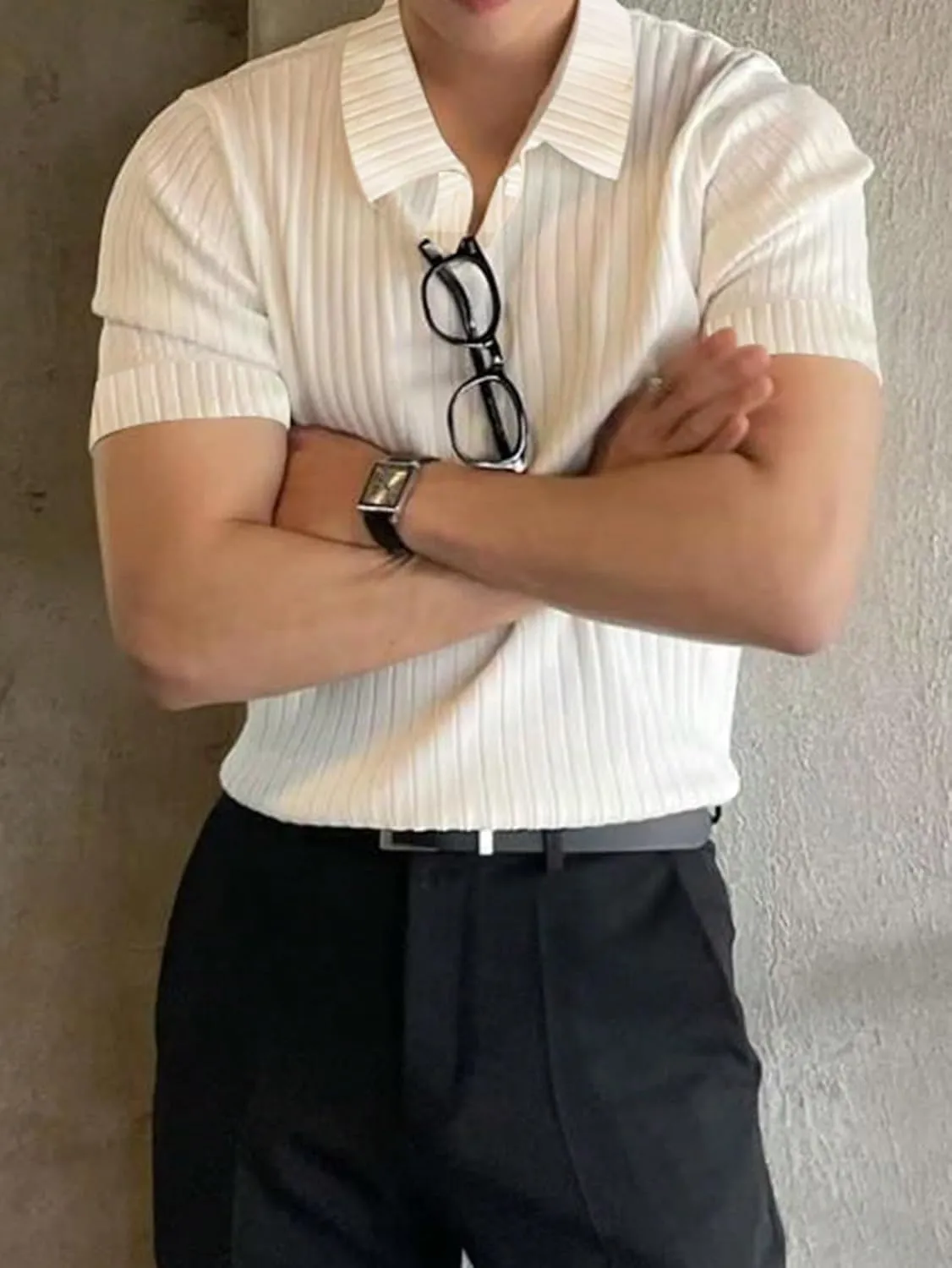 Men's Ribbed Knit Golf Shirt Collared V Neck Short Sleeve T Shirt Summer Tops