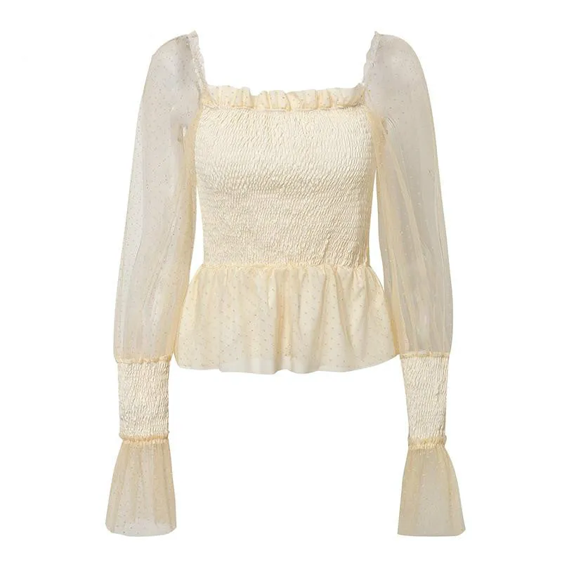 Mesh Lantern Sleeve High Waist Pleated Chiffon