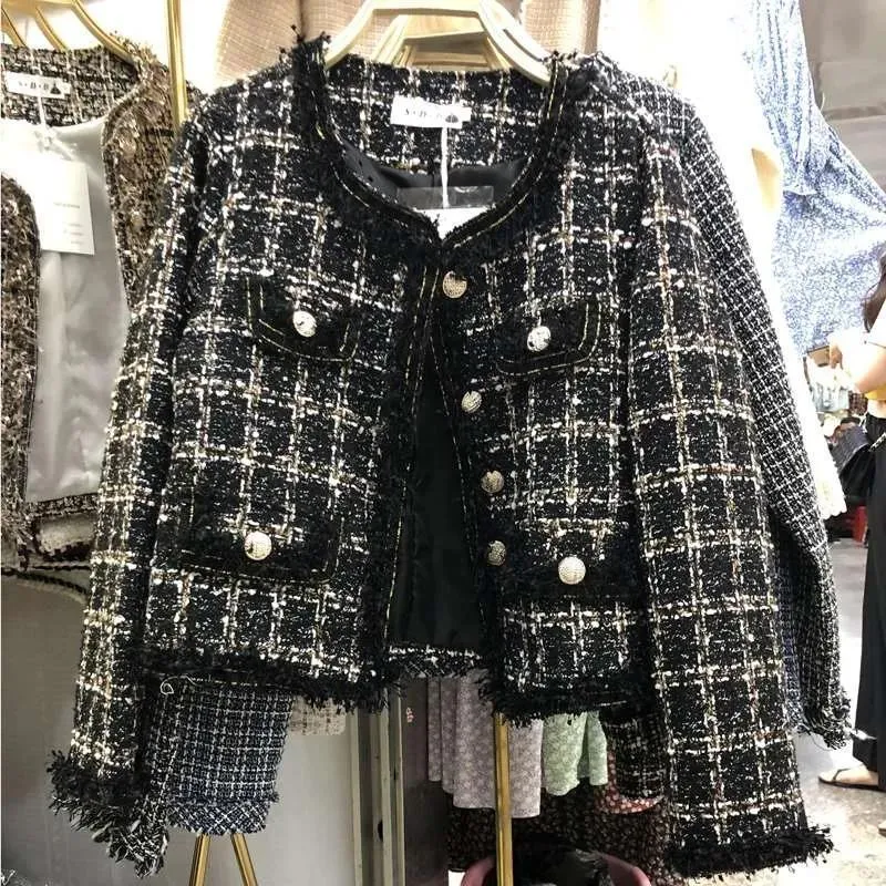 METAVERSMALL small fragrant tweed celebrity fringed women's jacket 2023 women's short temperament fringed short plaid top