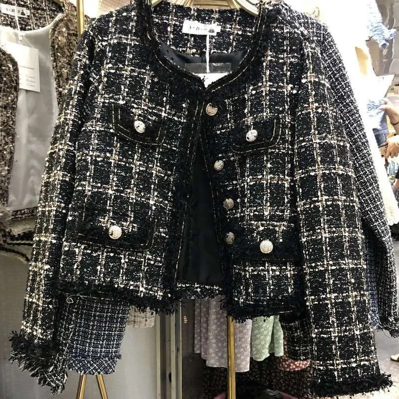 METAVERSMALL small fragrant tweed celebrity fringed women's jacket 2023 women's short temperament fringed short plaid top