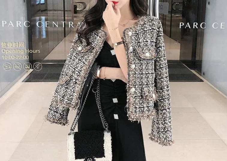 METAVERSMALL small fragrant tweed celebrity fringed women's jacket 2023 women's short temperament fringed short plaid top