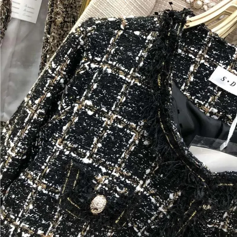 METAVERSMALL small fragrant tweed celebrity fringed women's jacket 2023 women's short temperament fringed short plaid top