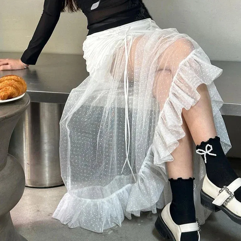 Metaversmall Streetwear White Ruffles Folds Sexy Long Skirt Women Fashion Korean Mesh Lace Spliced Transparent Summer Party Skirt