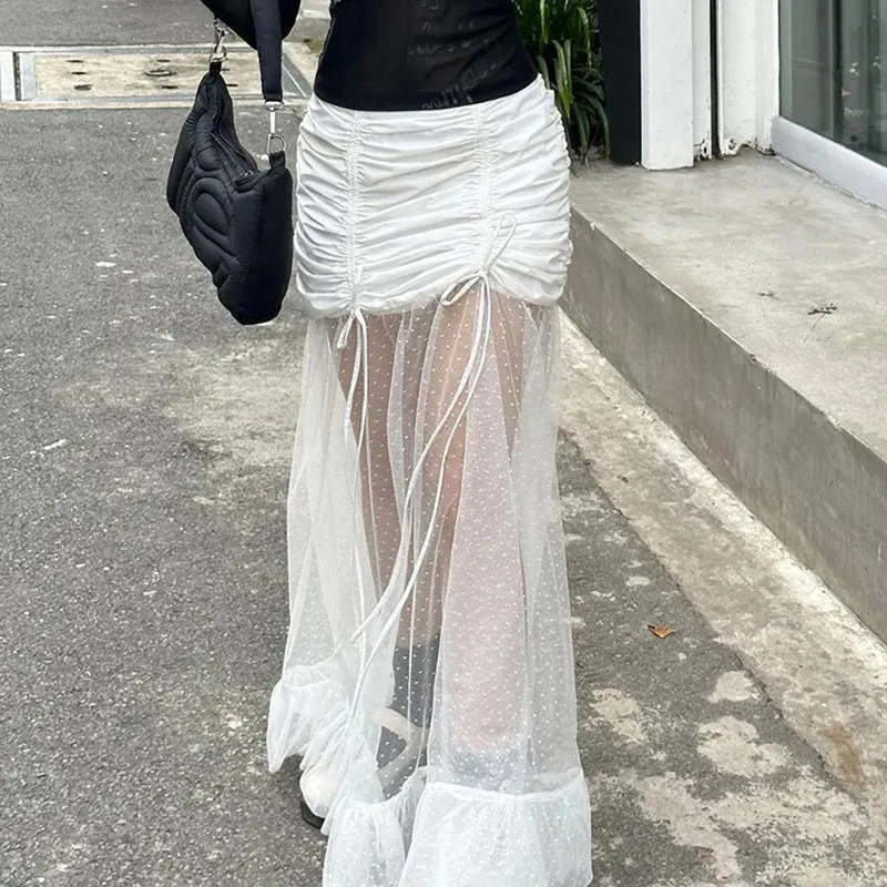 Metaversmall Streetwear White Ruffles Folds Sexy Long Skirt Women Fashion Korean Mesh Lace Spliced Transparent Summer Party Skirt