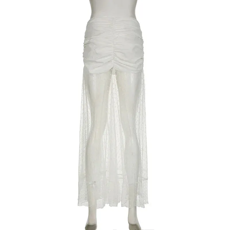 Metaversmall Streetwear White Ruffles Folds Sexy Long Skirt Women Fashion Korean Mesh Lace Spliced Transparent Summer Party Skirt