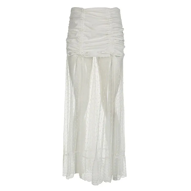 Metaversmall Streetwear White Ruffles Folds Sexy Long Skirt Women Fashion Korean Mesh Lace Spliced Transparent Summer Party Skirt