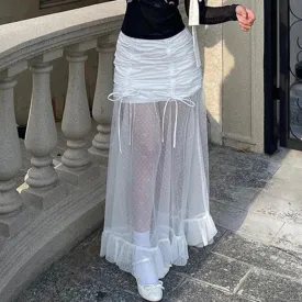 Metaversmall Streetwear White Ruffles Folds Sexy Long Skirt Women Fashion Korean Mesh Lace Spliced Transparent Summer Party Skirt