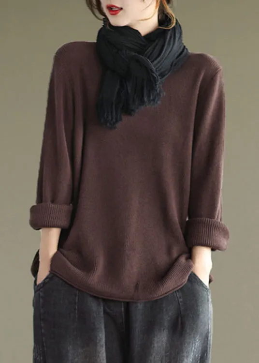 New Coffee V Neck Cozy Knitting Cotton Top Long Sleeve ML1737