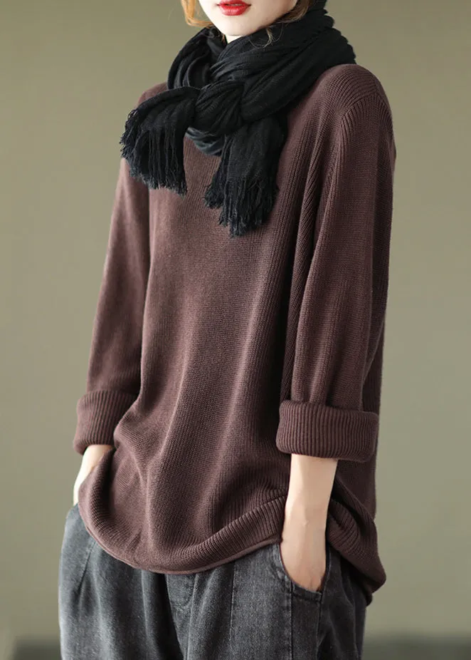 New Coffee V Neck Cozy Knitting Cotton Top Long Sleeve ML1737