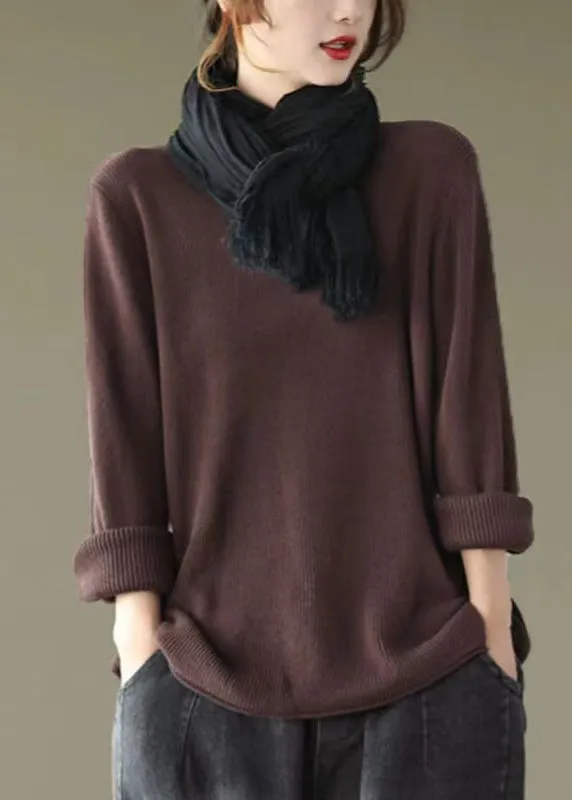 New Coffee V Neck Cozy Knitting Cotton Top Long Sleeve ML1737
