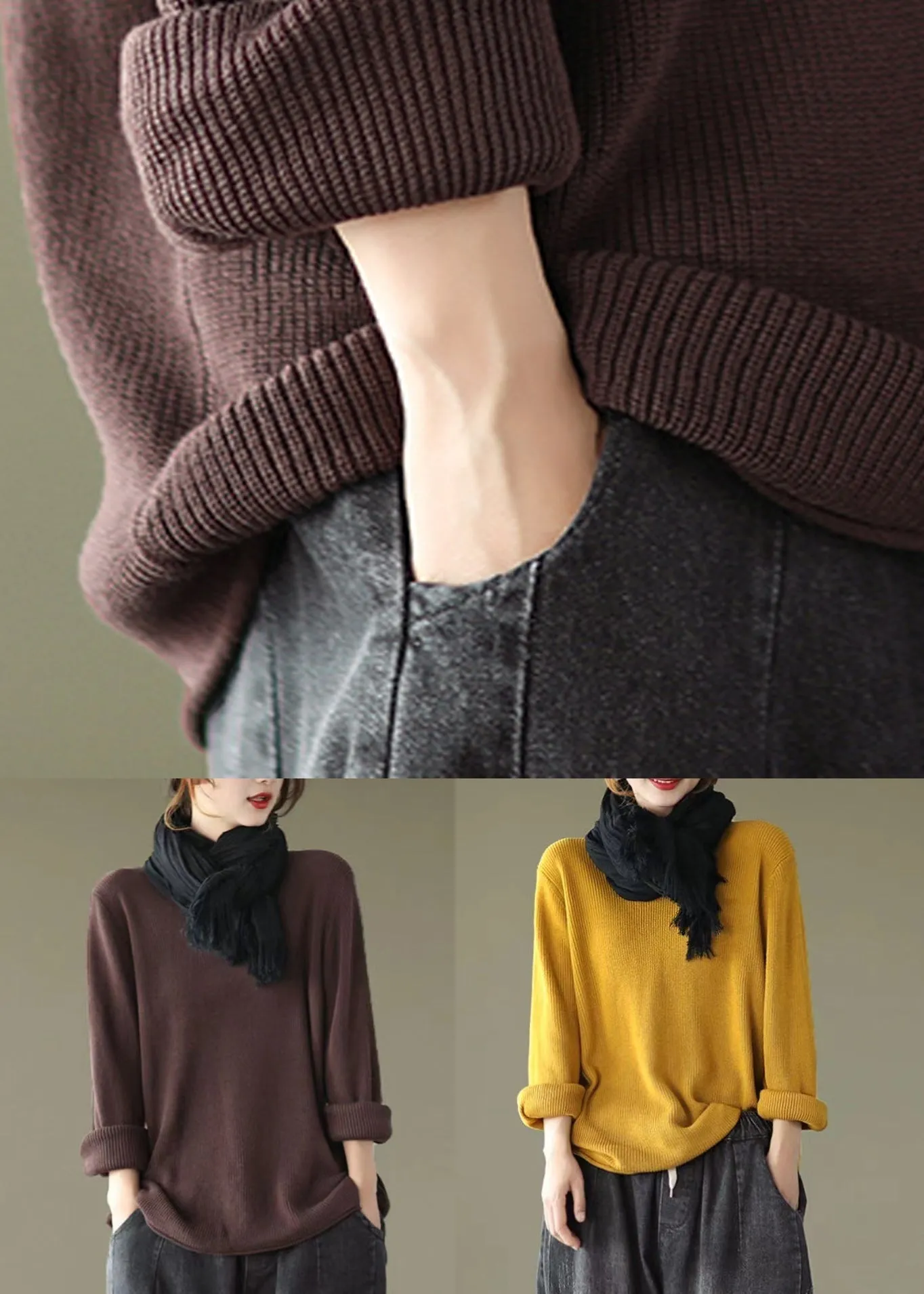 New Coffee V Neck Cozy Knitting Cotton Top Long Sleeve ML1737
