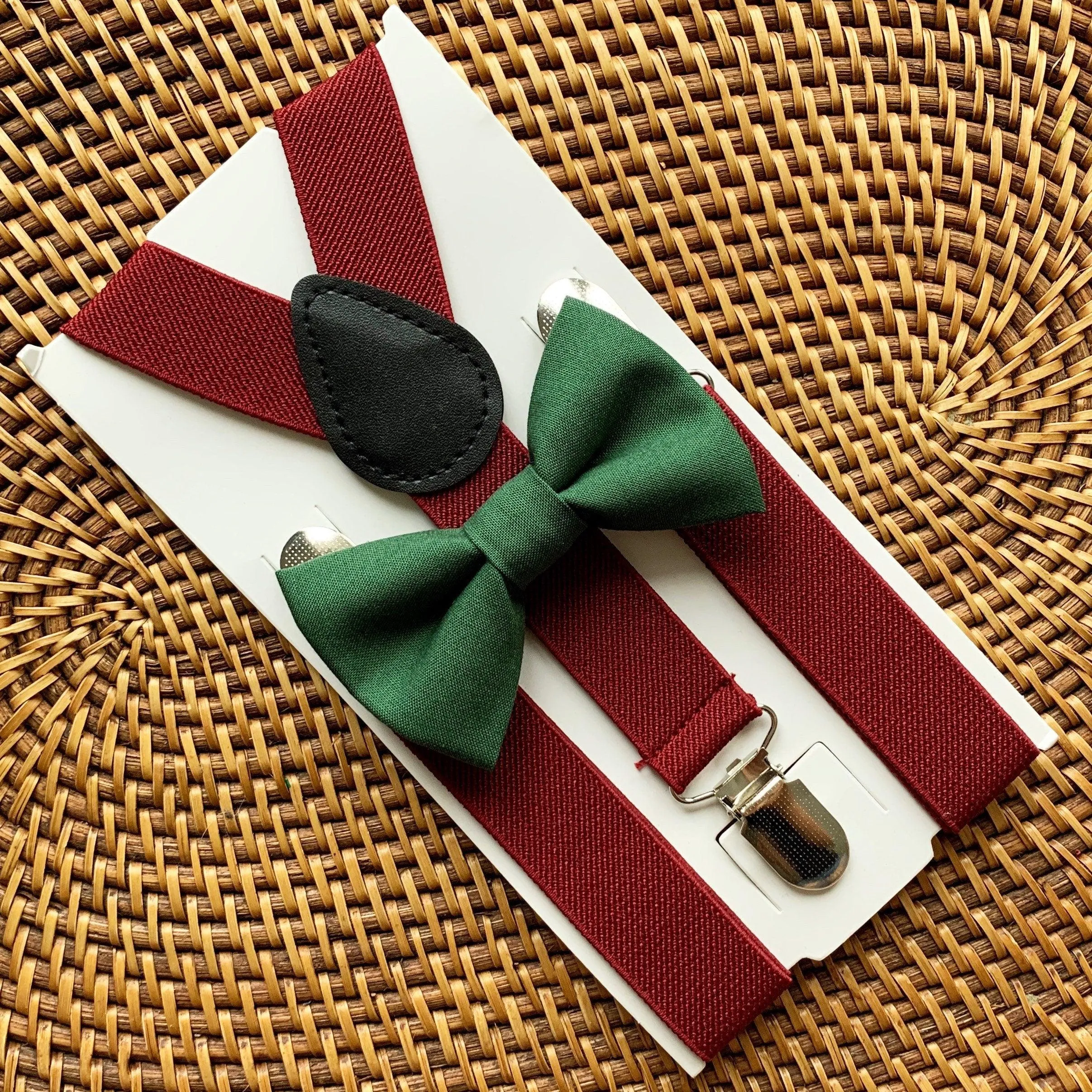 Olive Green Bow Tie & Burgundy Suspenders Set