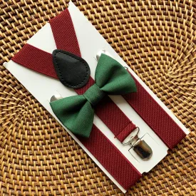 Olive Green Bow Tie & Burgundy Suspenders Set