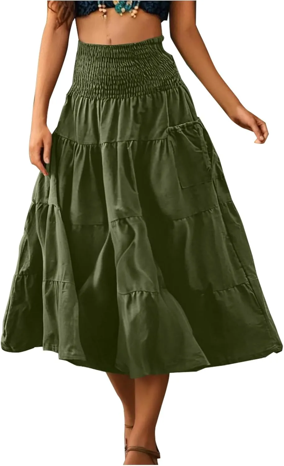 Oplxuo Women's Summer Boho Maxi Skirt A-Line Flowy Ruffle Tiered Smocked Elastic High Waist Beach Long Skirts with Pockets