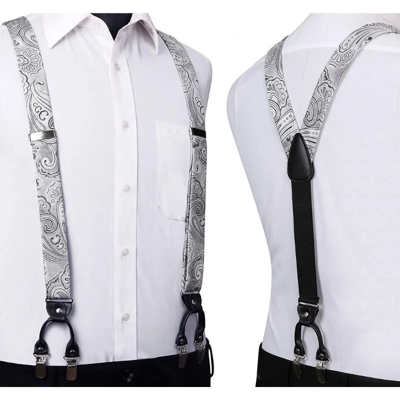 Paisley Floral Suspender Bow Tie Handkerchief - SILVER/BLACK