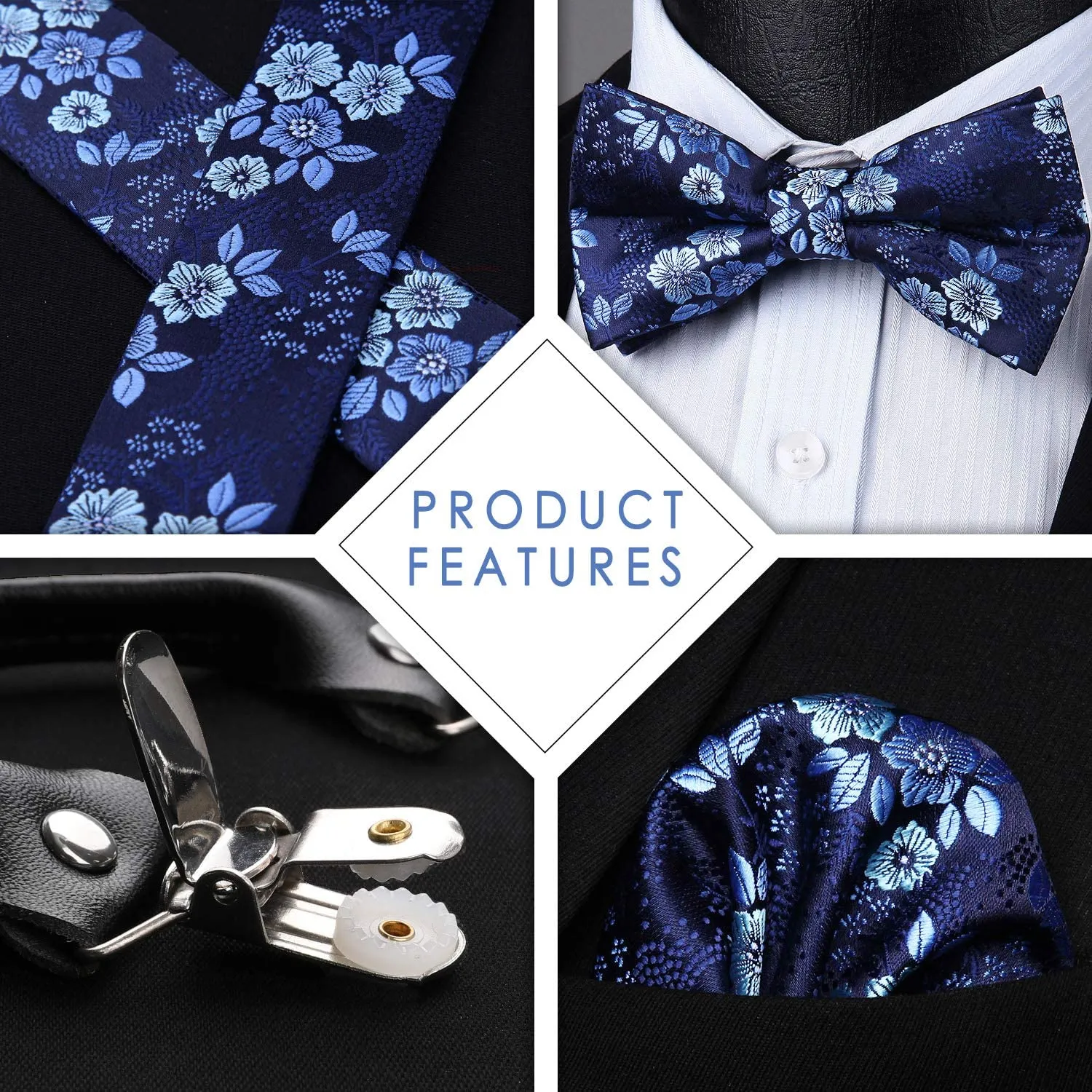 Paisley Floral Suspender Pre-Tied Bow Tie Handkerchief - A3-BLUE