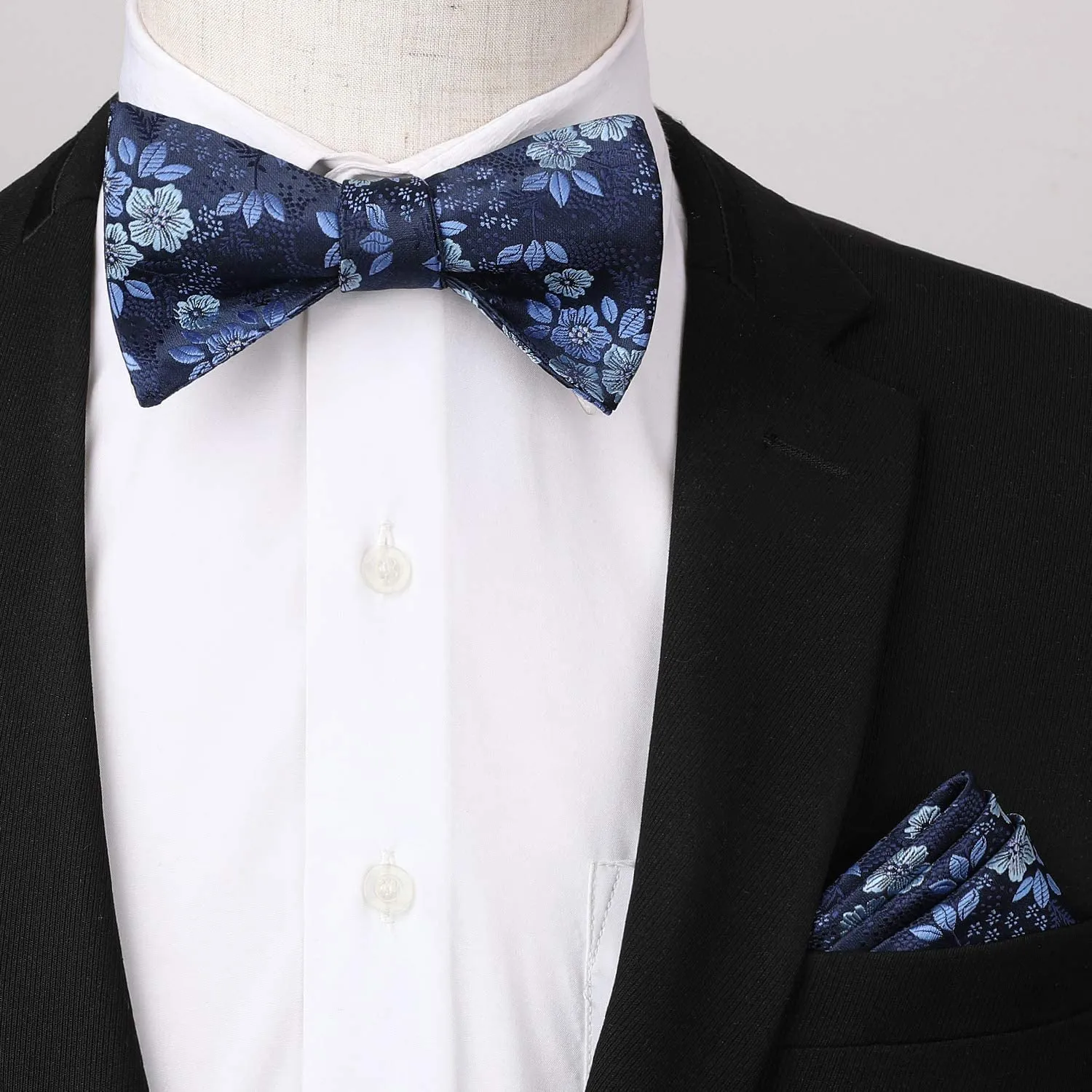 Paisley Floral Suspender Pre-Tied Bow Tie Handkerchief - A3-BLUE