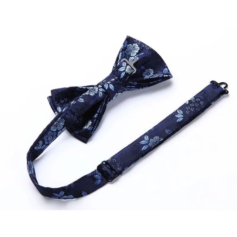 Paisley Floral Suspender Pre-Tied Bow Tie Handkerchief - A3-BLUE