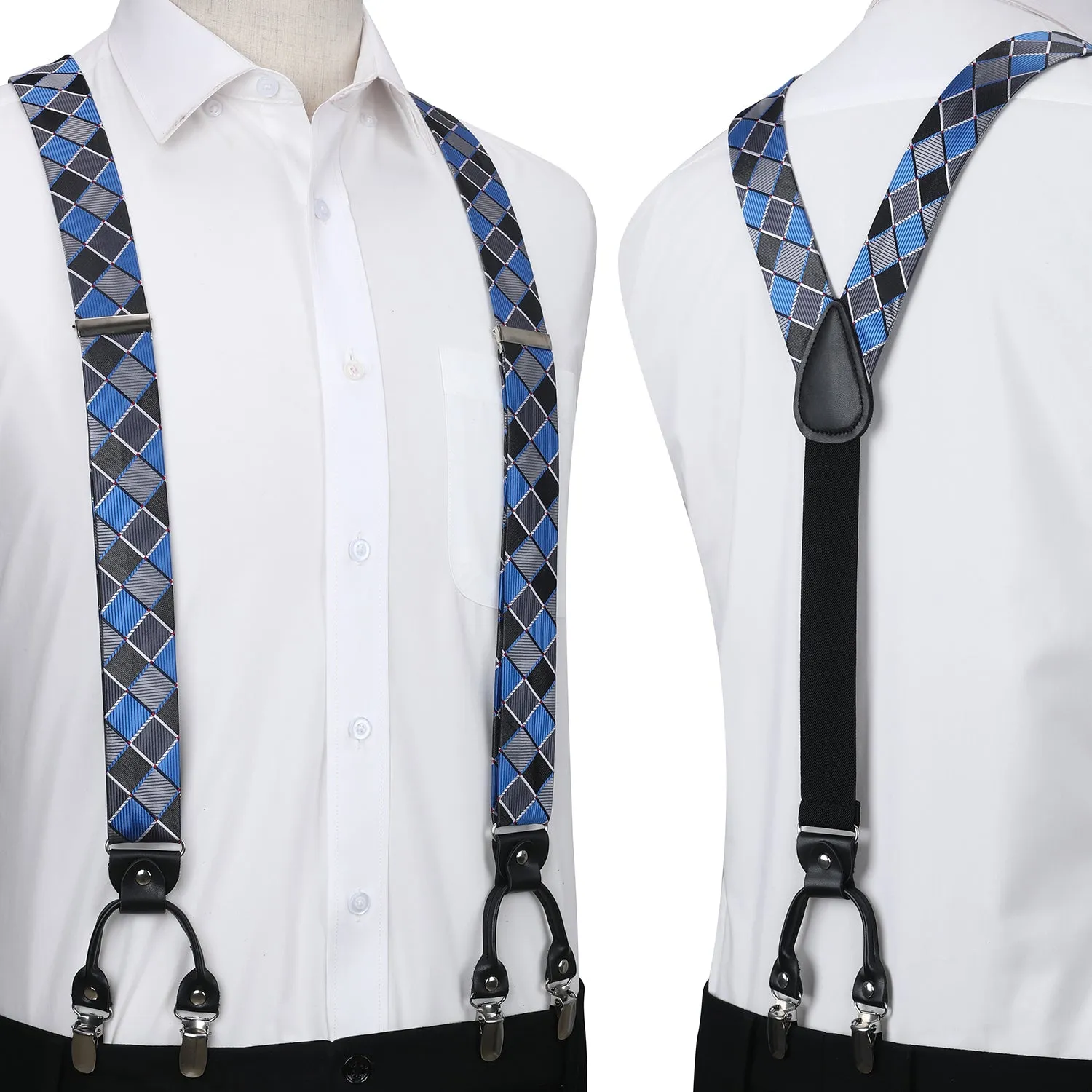 Plaid Suspender Bow Tie Handkerchief - BLUE/BLACK/SILVER