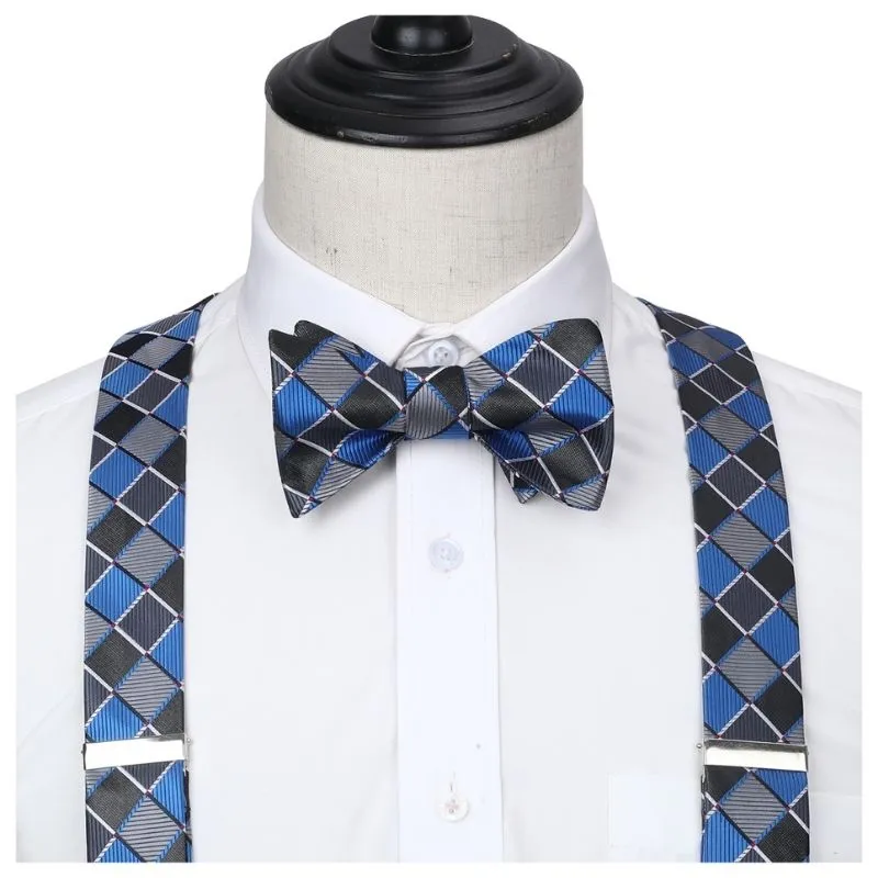 Plaid Suspender Bow Tie Handkerchief - BLUE/BLACK/SILVER