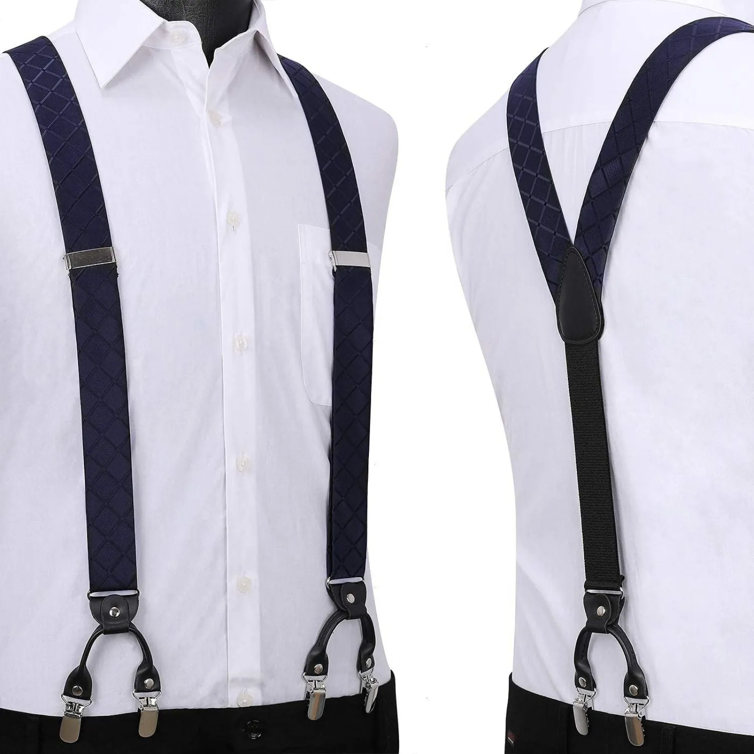Plaid Suspender Bow Tie Handkerchief - NAVY BLUE-CHECK