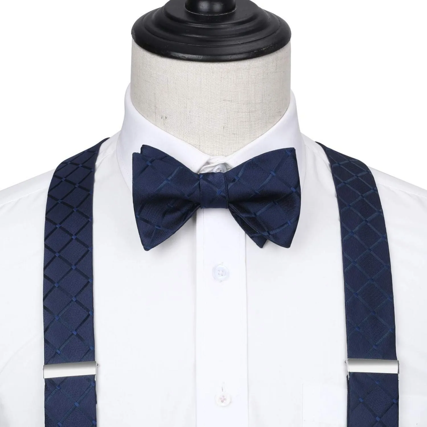 Plaid Suspender Bow Tie Handkerchief - NAVY BLUE-CHECK