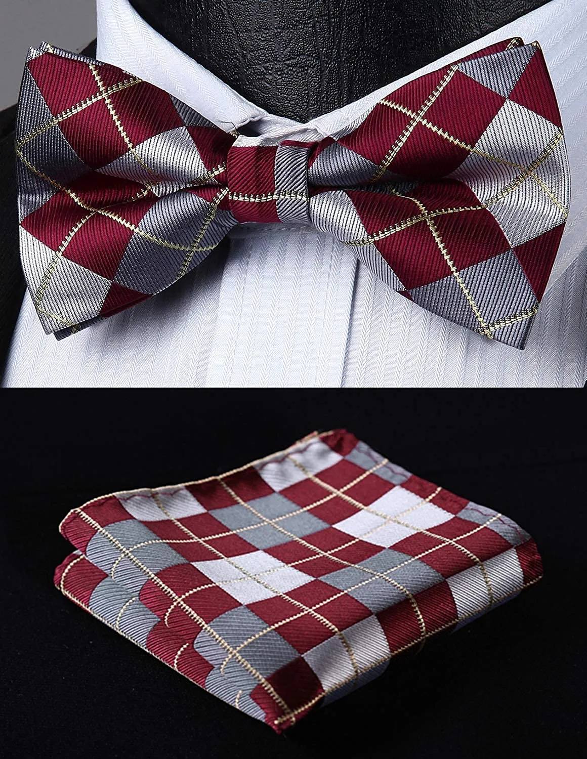 Plaid Suspender Pre-Tied Bow Tie Handkerchief - B11-RED