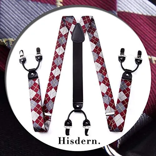 Plaid Suspender Pre-Tied Bow Tie Handkerchief - B11-RED