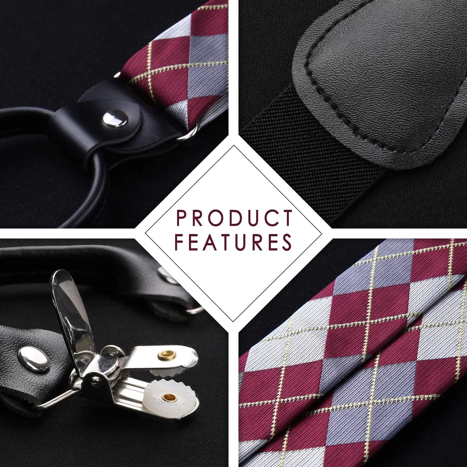 Plaid Suspender Pre-Tied Bow Tie Handkerchief - B11-RED