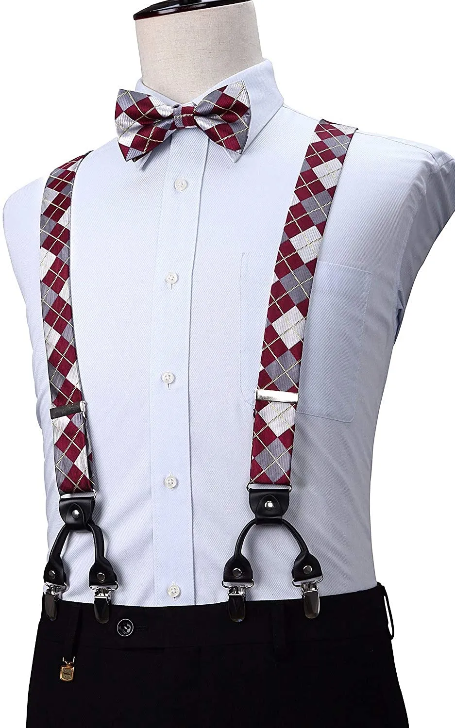 Plaid Suspender Pre-Tied Bow Tie Handkerchief - B11-RED
