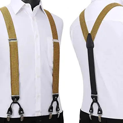 Plaid Suspender Pre-Tied Bow Tie Handkerchief - B7-GOLD