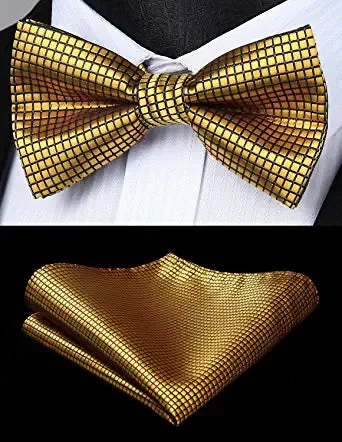 Plaid Suspender Pre-Tied Bow Tie Handkerchief - B7-GOLD