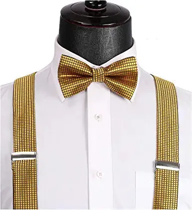 Plaid Suspender Pre-Tied Bow Tie Handkerchief - B7-GOLD