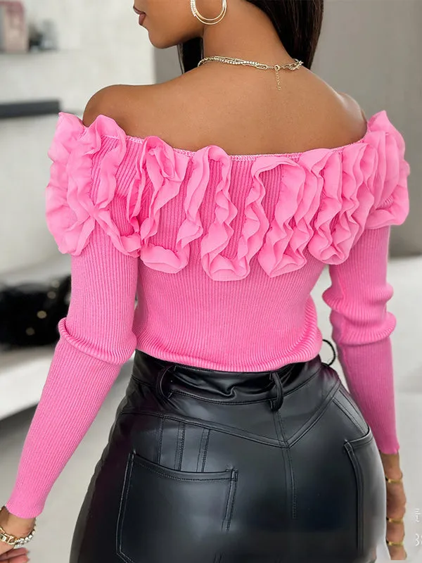 Pleated Solid Color Three-Dimensional Flower Long Sleeves Skinny Off-the-shoulder Sweater Tops Knitwear