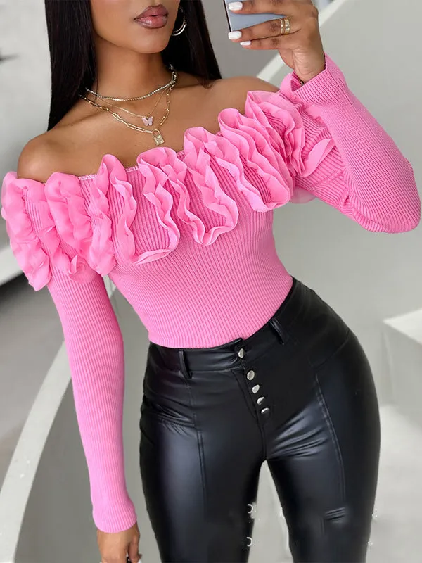 Pleated Solid Color Three-Dimensional Flower Long Sleeves Skinny Off-the-shoulder Sweater Tops Knitwear