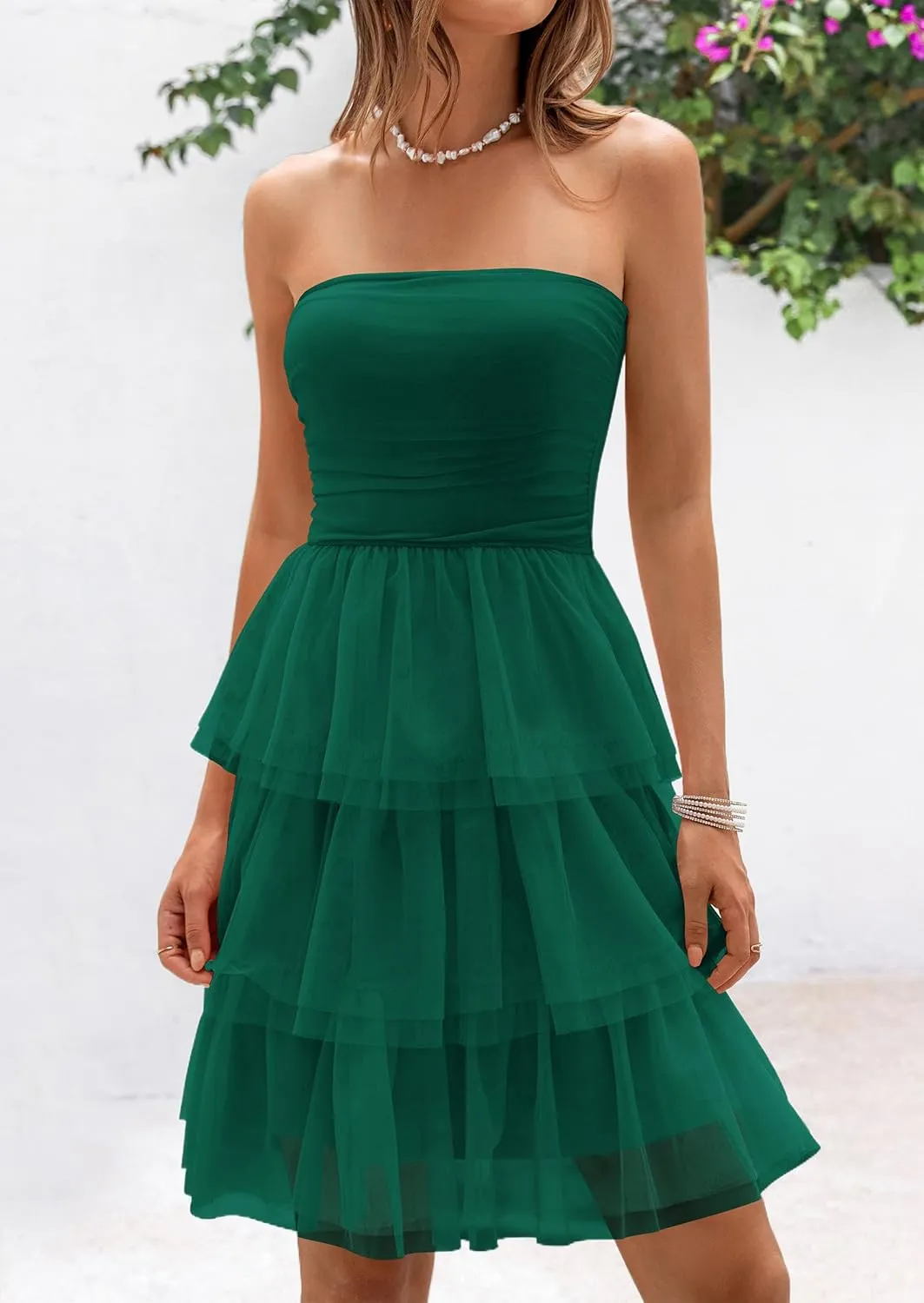 PRETTYGARDEN Womens Tulle Dress Strapless Tube Top Short Dress Summer Ruffle Tiered Beach Sundress Wedding Guest Dresses