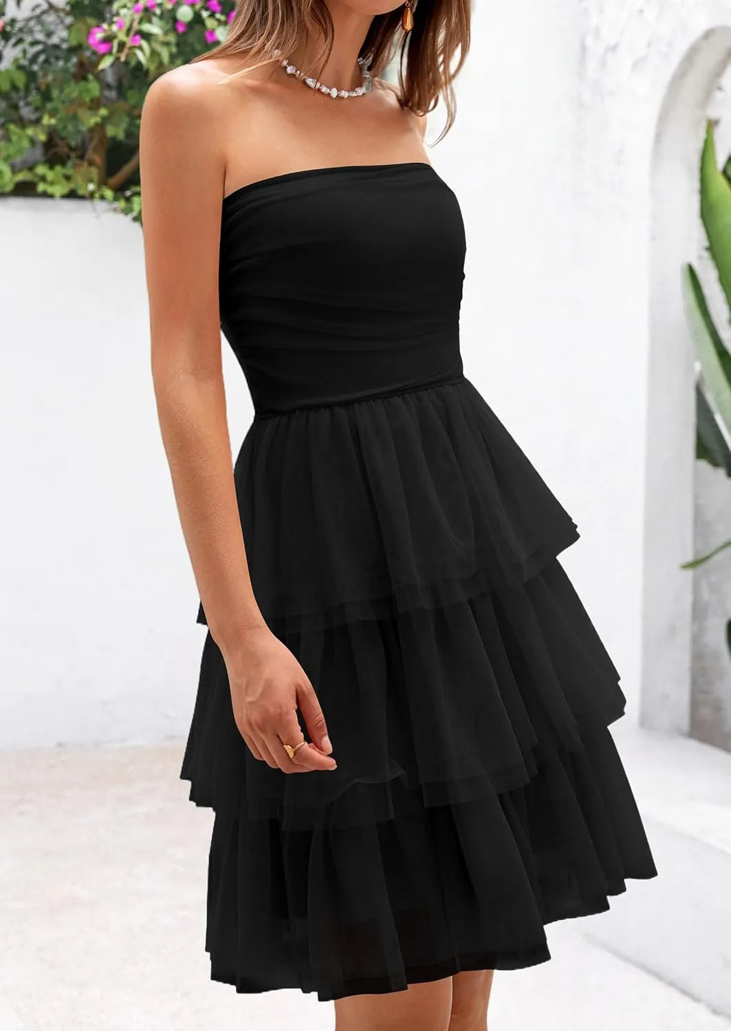 PRETTYGARDEN Womens Tulle Dress Strapless Tube Top Short Dress Summer Ruffle Tiered Beach Sundress Wedding Guest Dresses