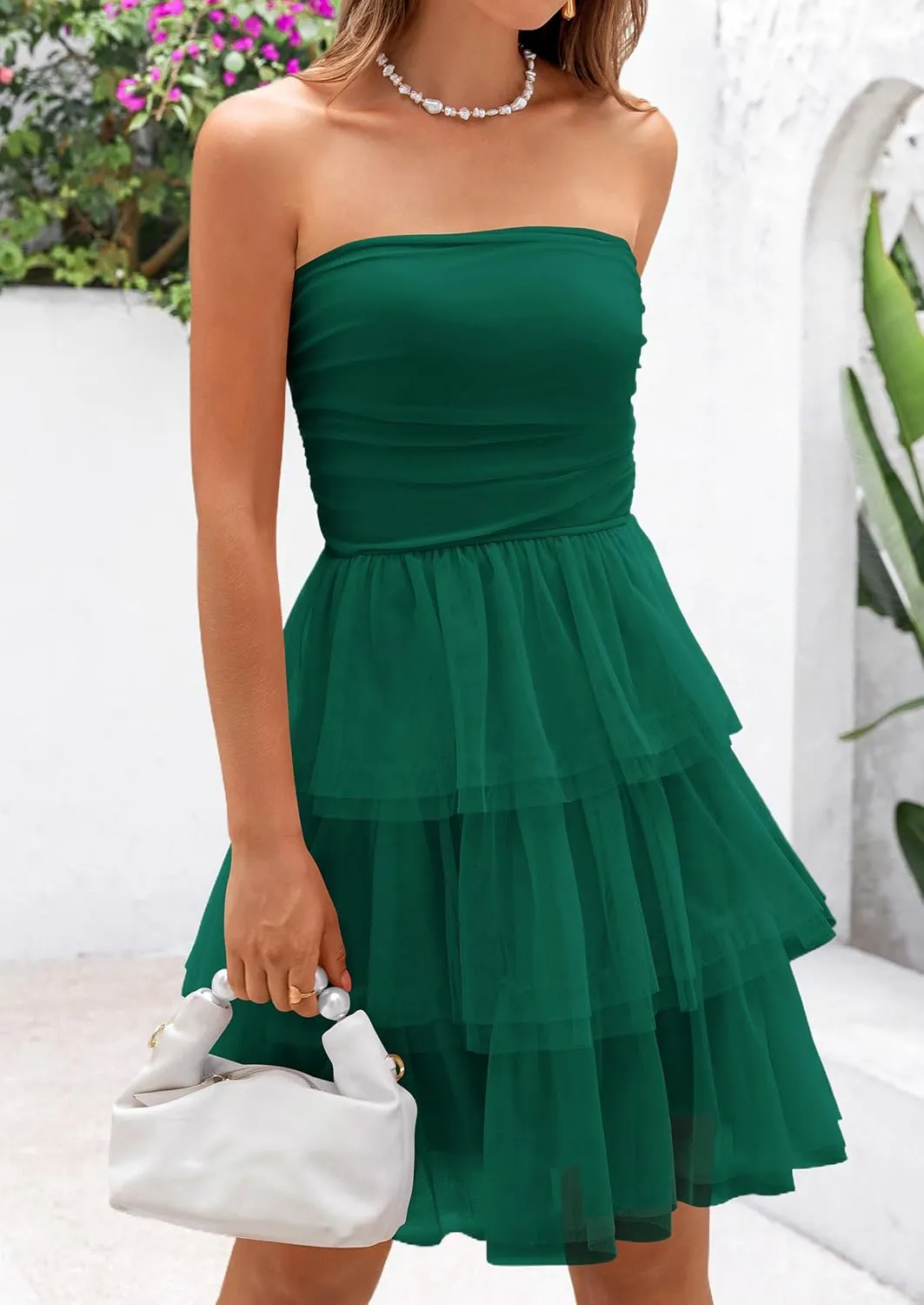 PRETTYGARDEN Womens Tulle Dress Strapless Tube Top Short Dress Summer Ruffle Tiered Beach Sundress Wedding Guest Dresses