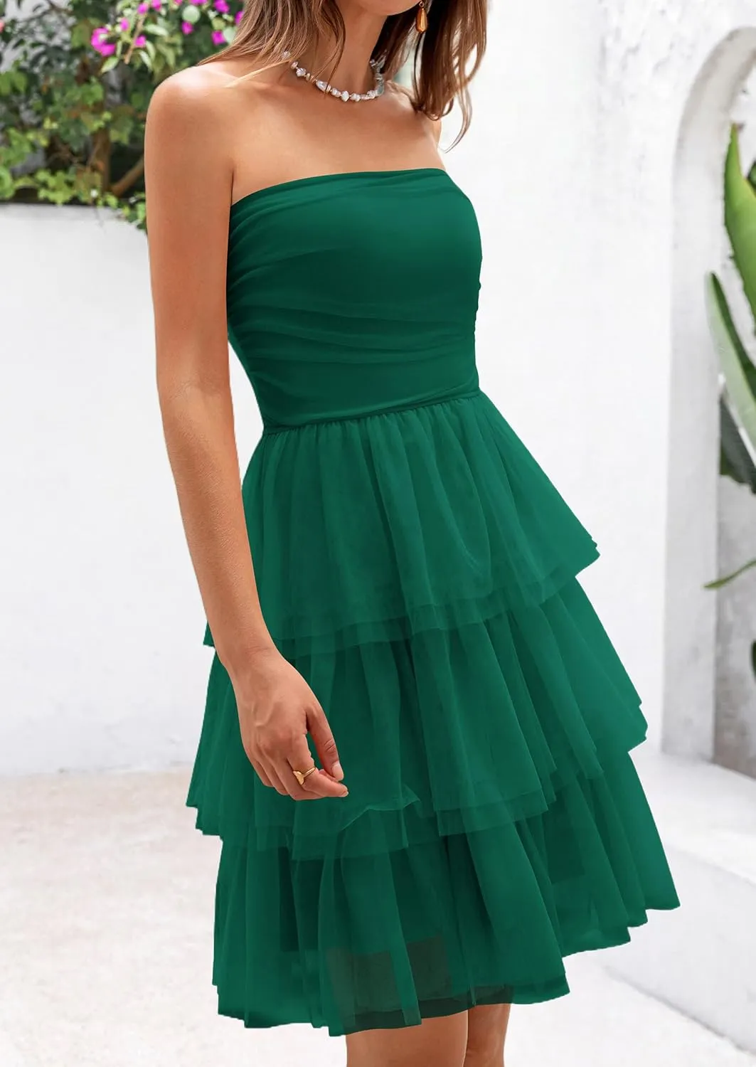 PRETTYGARDEN Womens Tulle Dress Strapless Tube Top Short Dress Summer Ruffle Tiered Beach Sundress Wedding Guest Dresses