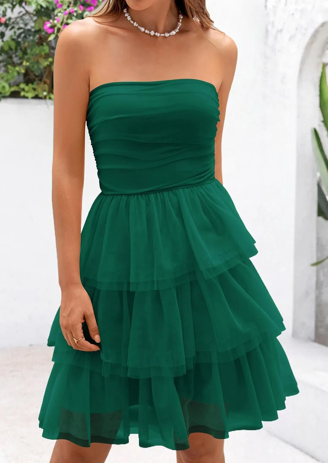 PRETTYGARDEN Womens Tulle Dress Strapless Tube Top Short Dress Summer Ruffle Tiered Beach Sundress Wedding Guest Dresses