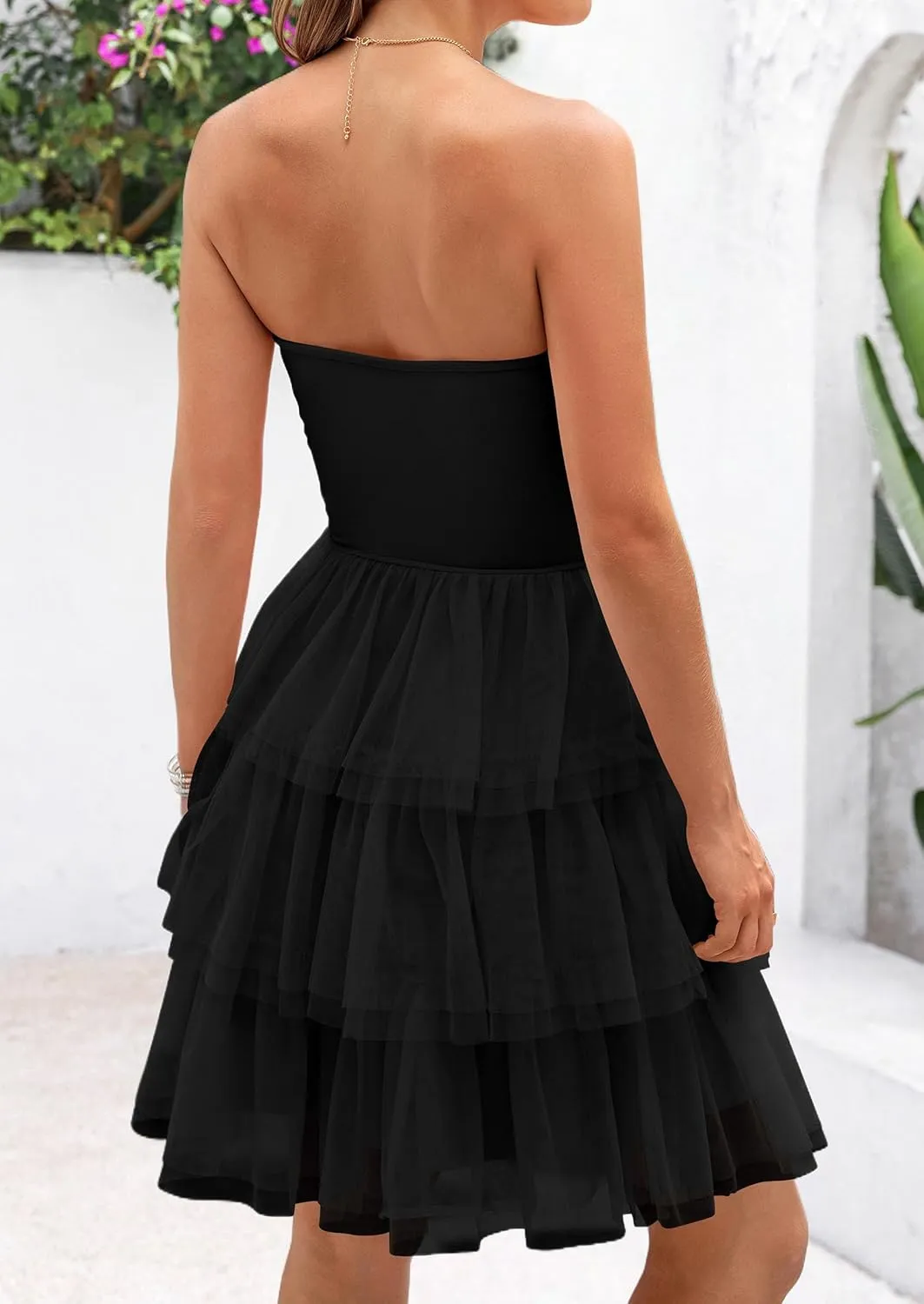 PRETTYGARDEN Womens Tulle Dress Strapless Tube Top Short Dress Summer Ruffle Tiered Beach Sundress Wedding Guest Dresses