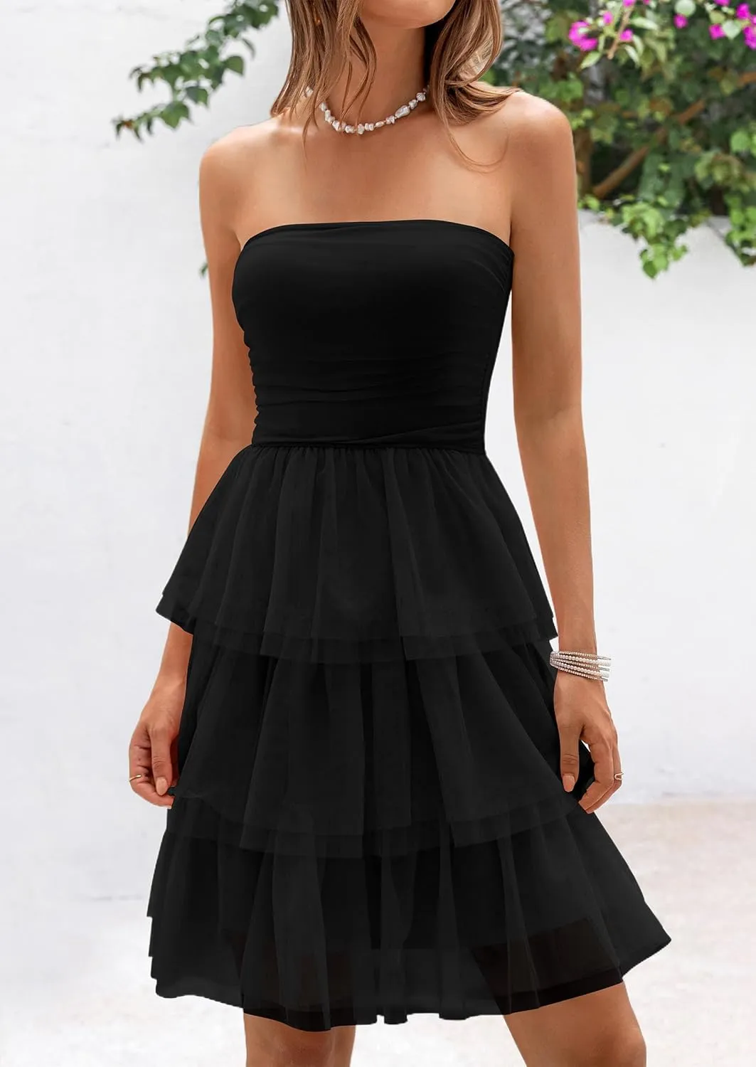PRETTYGARDEN Womens Tulle Dress Strapless Tube Top Short Dress Summer Ruffle Tiered Beach Sundress Wedding Guest Dresses